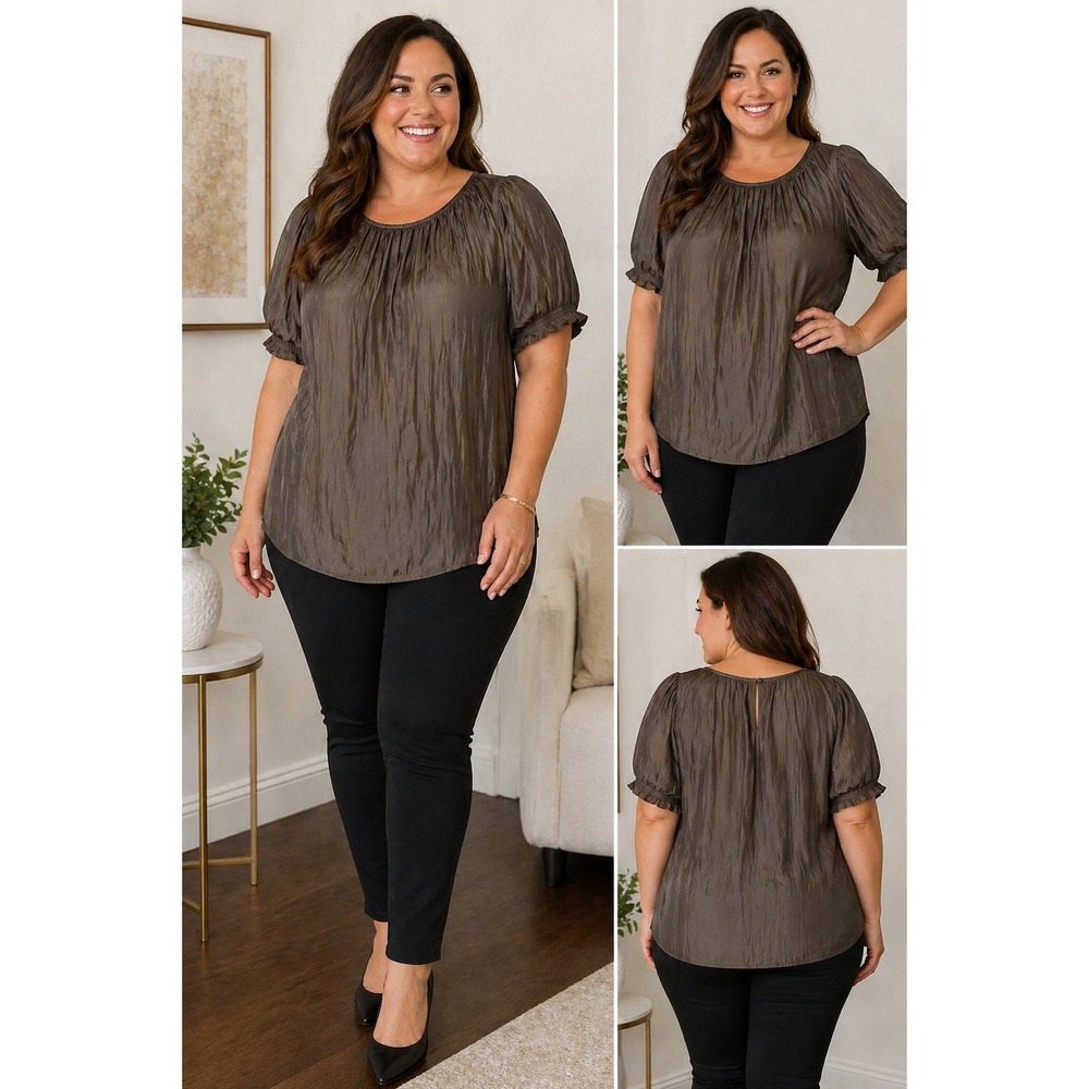 Lane Bryant Blouse Brown Satin Pleated Puff Sleeve Career Size 18‎
